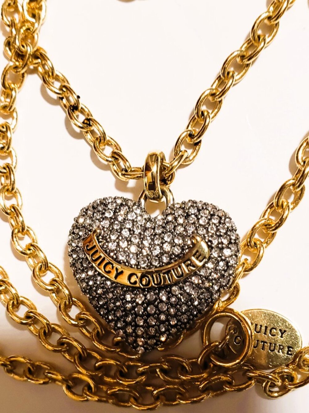 Juicy Couture Vintage Puffy Heart Pendant Necklace Gold Pavé Crystal Rhinestone